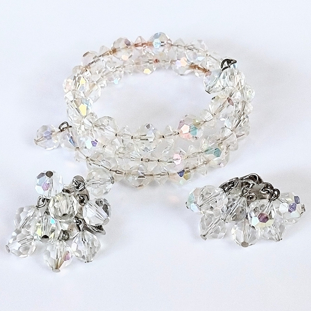 😍 Vintage Set Faceted AB Glass Crystal Bead Wrap Bracelet Cluster Earrings Lot
